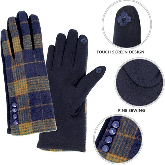 Black Button Plaid Smart Gloves Fleece Lined Smart Touch Text Friend - Picture 6 of 9